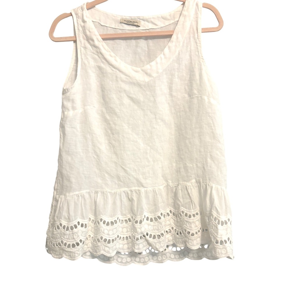 Valentina Naldi White 100% Linen Eyelet Lace Ruffle Hem Tank Top Made in Italy S